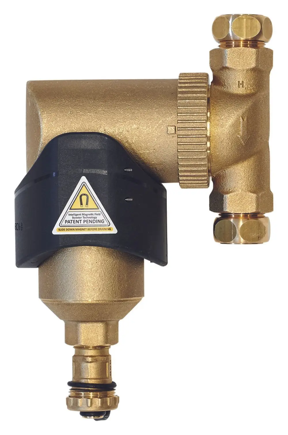 Magnetitfilter in bronze mit schwarzem Kunststoffelement, Anschluss für Heizungsrohre, von Vaillant, zur Installation in Aufputz-Situationen, zur Filtration von Magnetitpartikeln.